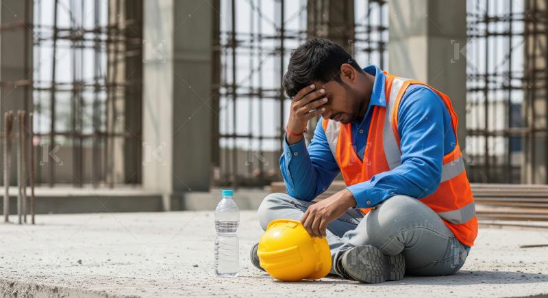 A construction worker in a safety vest sits tiredly on the groun