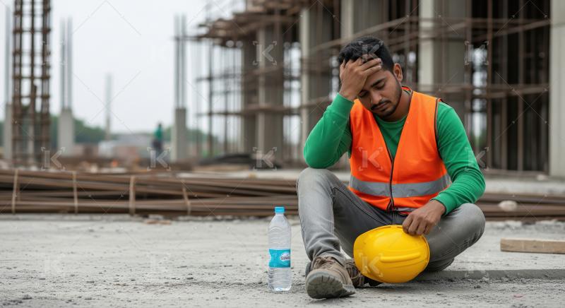 A construction worker in a safety vest sits tiredly on the groun