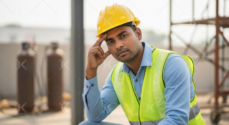 A male construction worker looking thoughtfully in a yellow helm