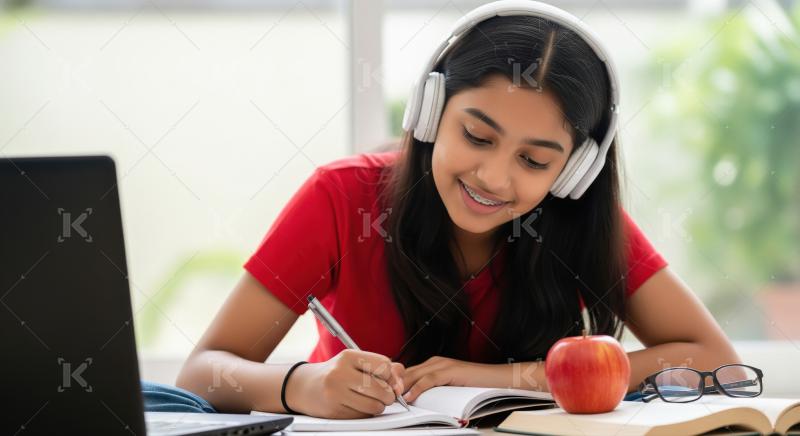 A girl in a pink shirt is studying at a desk with headphones on,