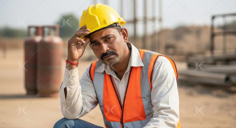 A male construction worker looking thoughtfully in a yellow helm