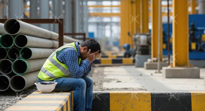 A construction worker in a safety vest sits tiredly on the groun