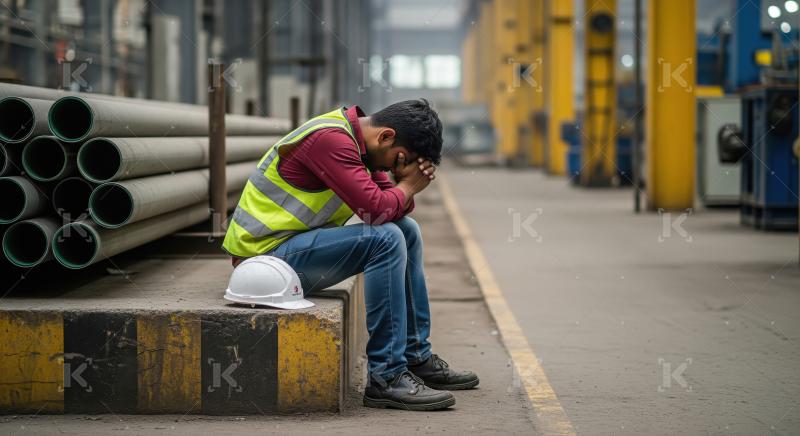 A construction worker in a safety vest sits tiredly on the groun