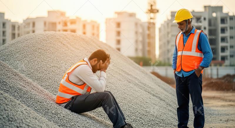 A construction worker sits on a gravel mound with his head in hi