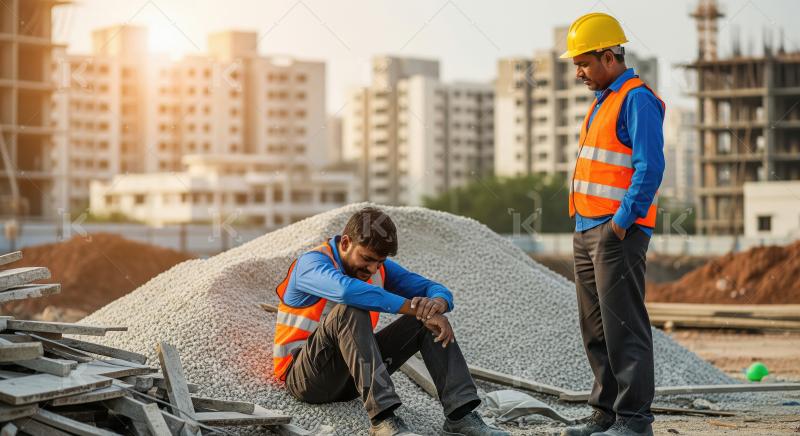 A construction worker sits on a gravel mound with his head in hi