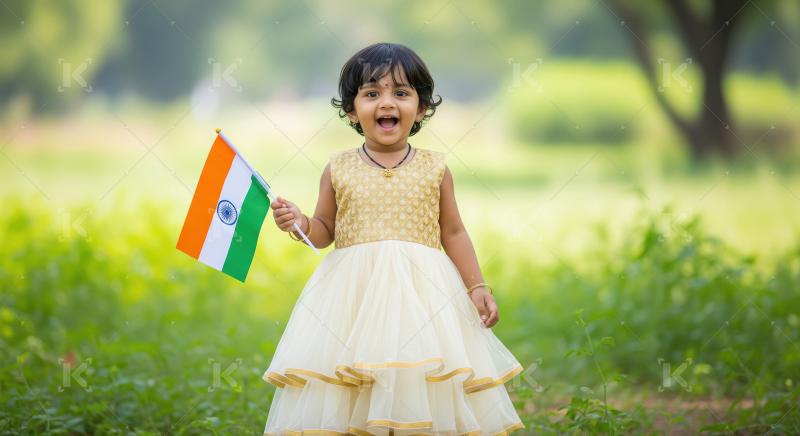 A little girl in a cream and gold dress stands outdoors, proudly