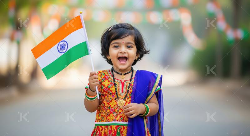 A little girl in colorful traditional dress holds the Indian fla