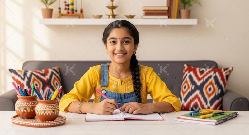 Indian school girl is writing attentively in her notebook