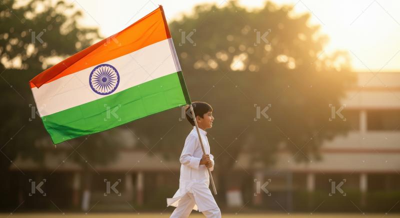 A little boy in an orange shirt runs with the Indian flag