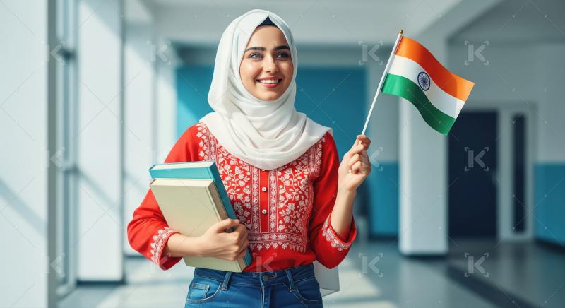 A young student in a red embroidered top and white scarf holds b