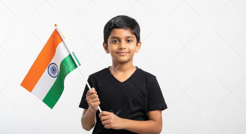 Indian little boy holding national tricolor flag on white backgr