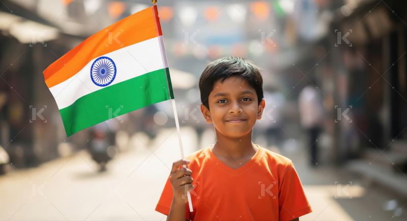 A young boy in an orange shirt proudly holds the Indian flag on