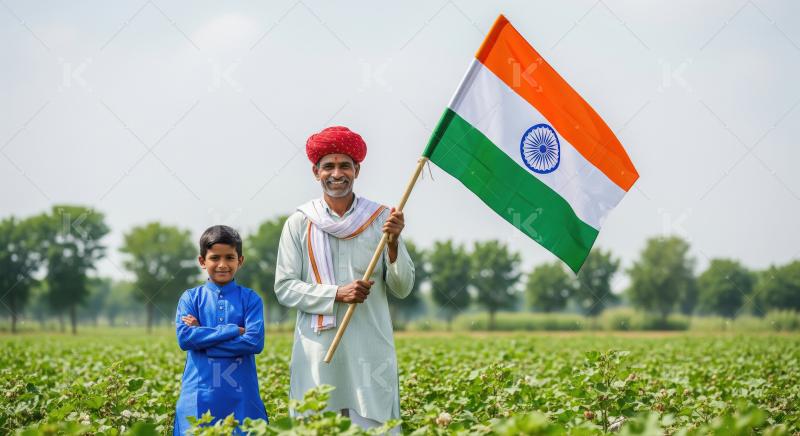 A farmer in traditional attire proudly holds the Indian flag bes
