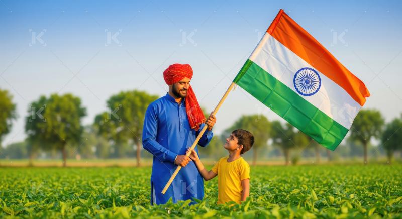 A farmer in traditional attire proudly holds the Indian flag bes