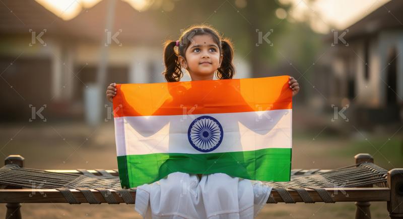 Indian little girl proudly holding indian national flag