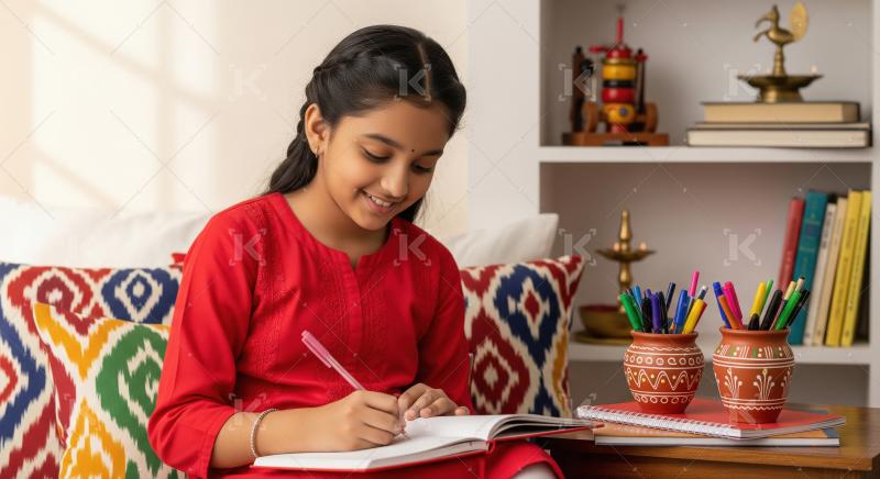 Indian school girl is writing attentively in her notebook