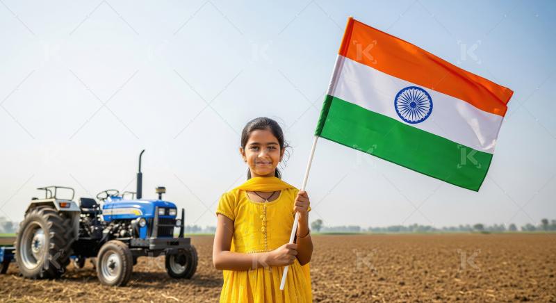 A little girl sits on a blue tractor in a vast field, proudly wa
