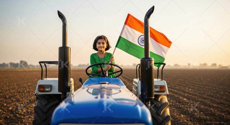 A little girl sits on a blue tractor in a vast field, proudly wa