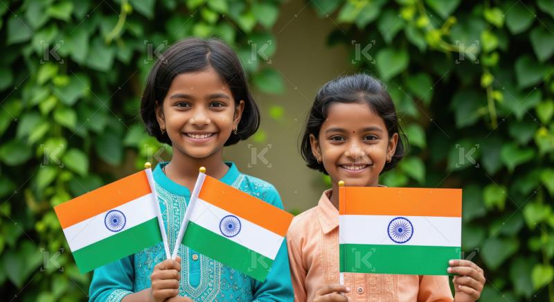 Two young girls joyfully hold Indian flags celebrating national