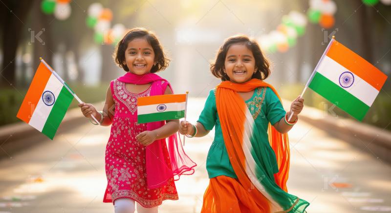 Two girls in colorful dresses happily run with Indian flags in h