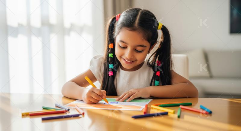 A little girl with colorful hair ties sits at a table indoors, h