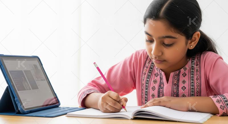 Indian school girl is writing attentively in her notebook