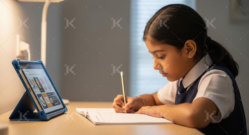 Indian school girl is writing attentively in her notebook