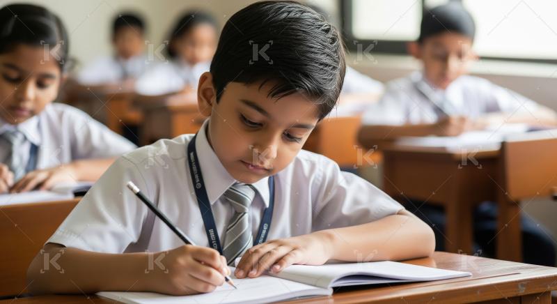 A boy in a school uniform writing in his notebook while sitting