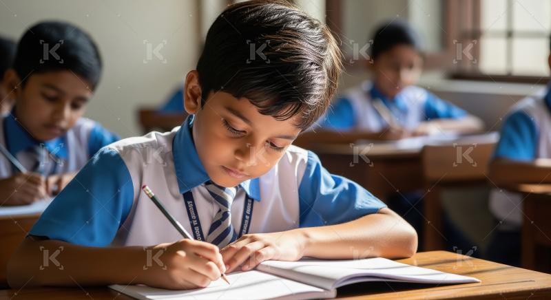 A boy in a school uniform writing in his notebook while sitting