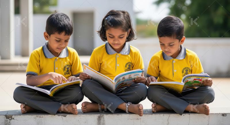 Three little schoolchildren in matching yellow uniforms sit outd