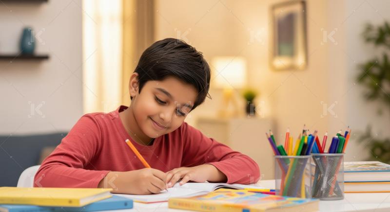 A little boy is sitting at a desk, attentively writing in a note