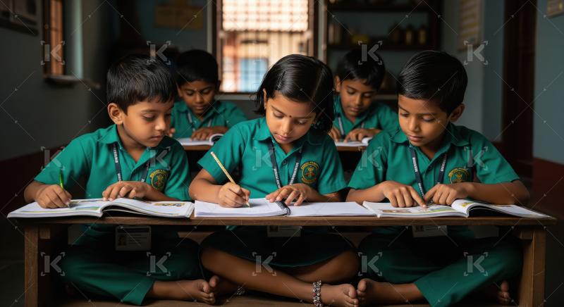 A group of schoolchildren in green uniforms sit cross-legged and