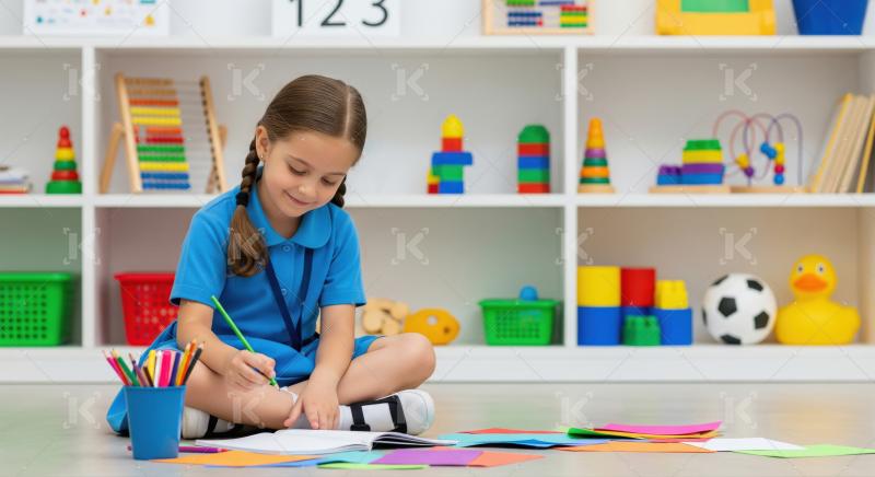 A little girl with braided hair sits cross-legged on the floor i