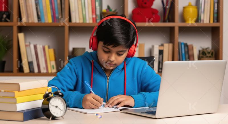 A young boy sweater, wearing red headphones, sits indoors and fo