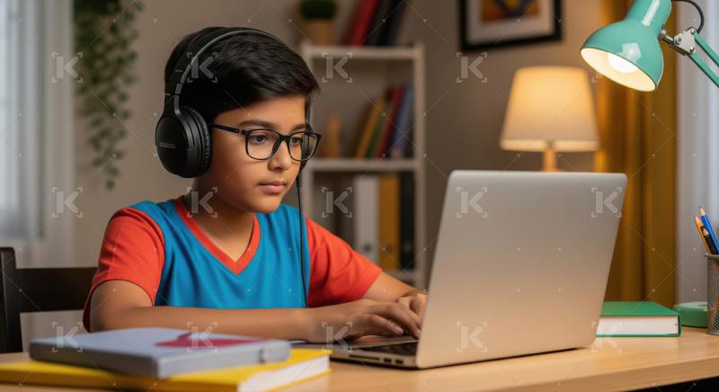 A little boy wearing headphones focuses intently on studying wit