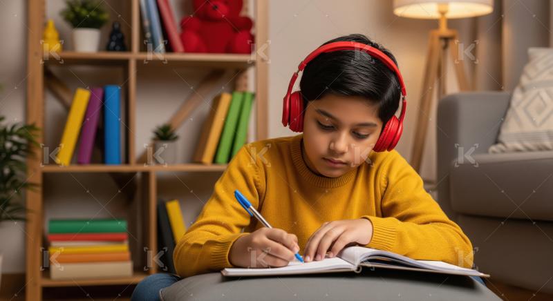 A young boy sweater, wearing red headphones, sits indoors and fo