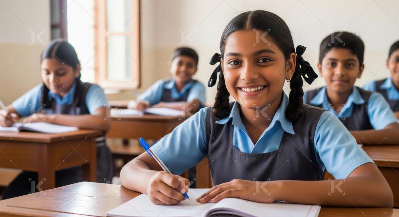 A schoolgirl with braided hair in uniform writes in her notebook