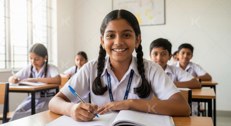 A schoolgirl with braided hair in uniform writes in her notebook