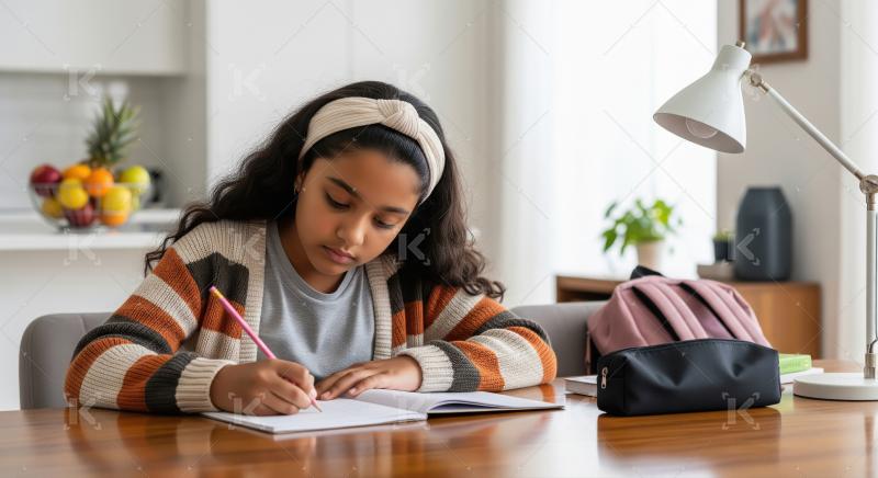 A focused little girl does her homework at a table in a cozy, we