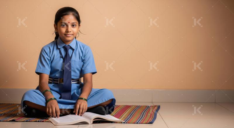 A schoolgirl in a blue uniform is sitting cross-legged on a colo