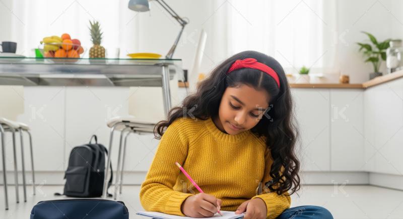 A focused little girl does her homework at a table in a cozy, we