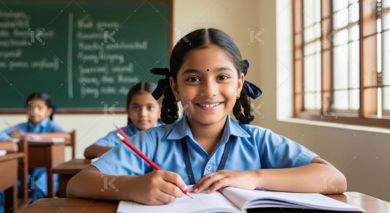 A schoolgirl in a blue uniform is attentively writing in her not