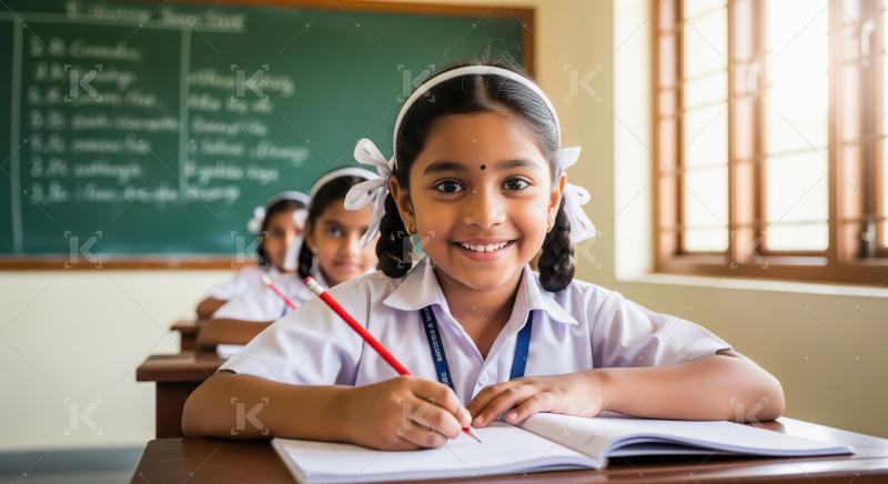 A schoolgirl in a blue uniform is attentively writing in her not