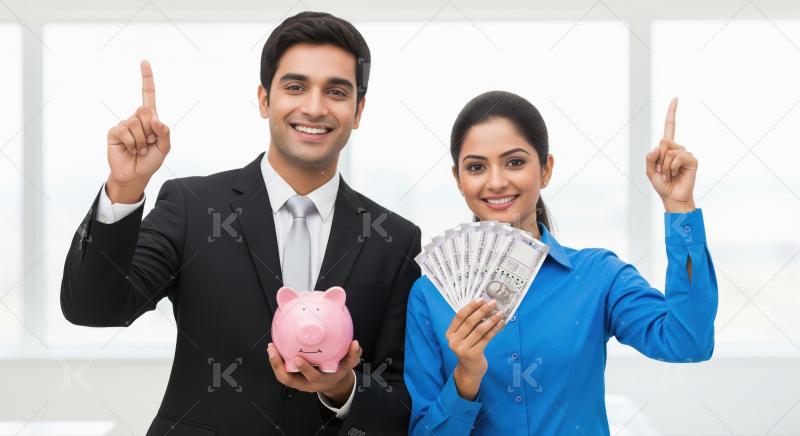 A businessman in a suit holds a pink piggy bank while a business