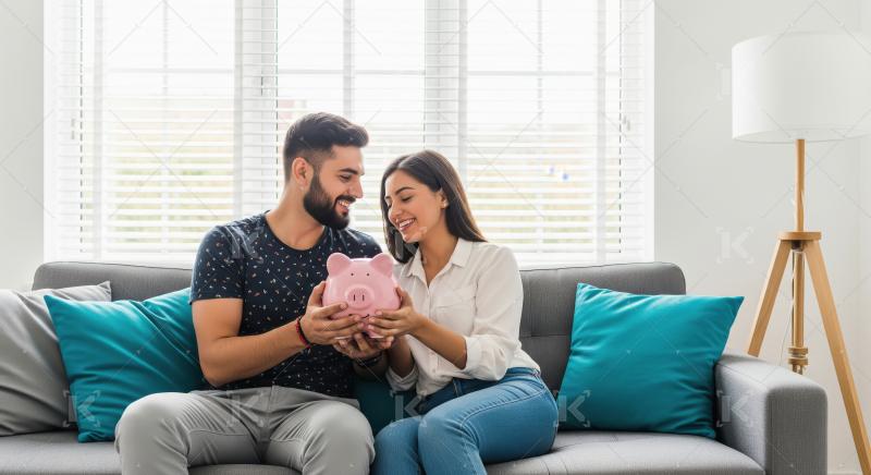 A couple sits together on a sofa holding a pink piggy bank, symb