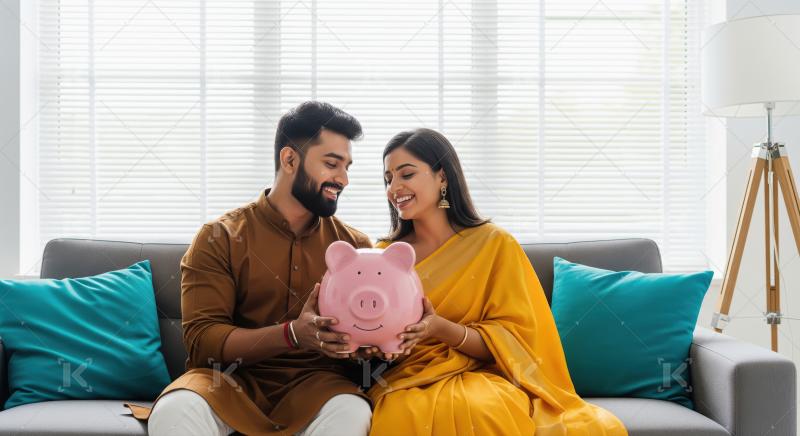 A couple sits together on a sofa holding a pink piggy bank, symb