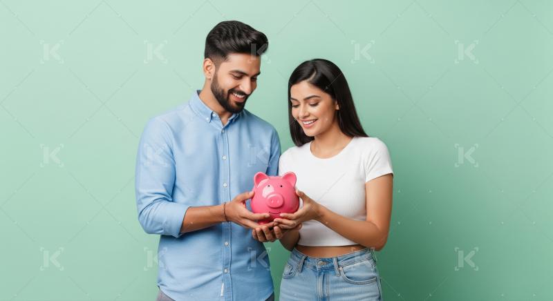A man and woman stand together holding a pink piggy bank, symbol