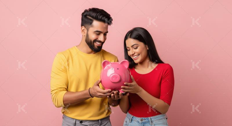 A man and woman stand together holding a pink piggy bank, symbol