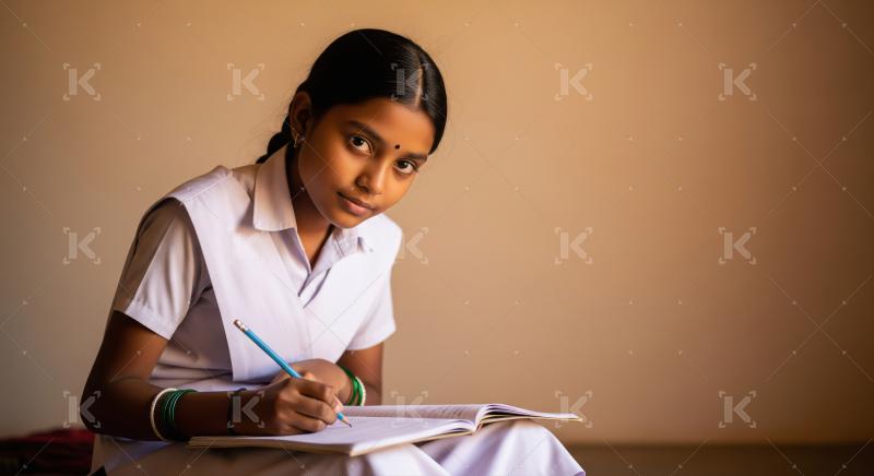 A schoolgirl in a white uniform sits quietly, focused on writing