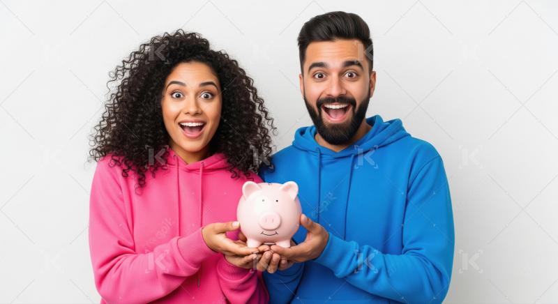 A man and woman stand together holding a pink piggy bank, symbol